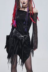 Robe asymétrique noire gothique à épaules dénudées avec impression graphique et design en maille pour femme